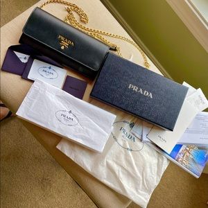 Prada Navy Saffiano Gold Logo Clutch with Chain Like New w/Tags
